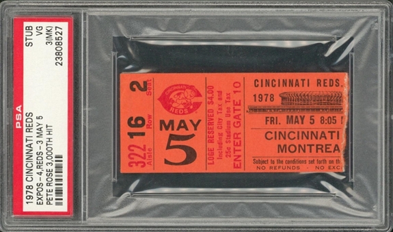 1978 Cincinnati Reds vs Montreal Expos Ticket Stub From 5/5/78 - Pete Roses 3,000th Hit (PSA/DNA VG 3)